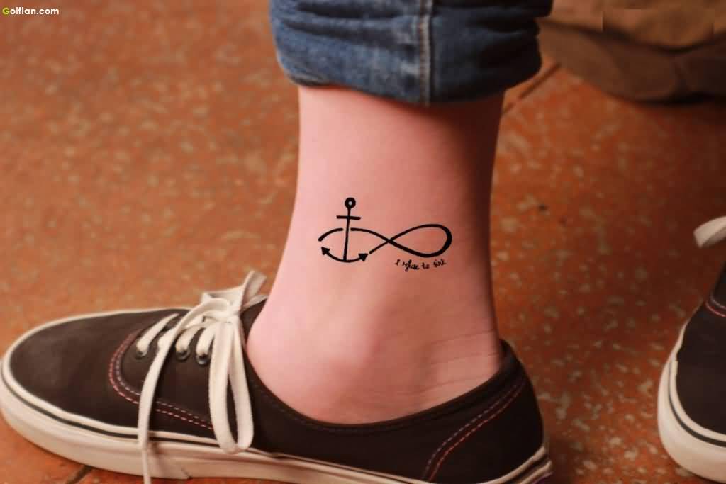 Black Infinity Anchor Tattoo On Right Foot Ankle