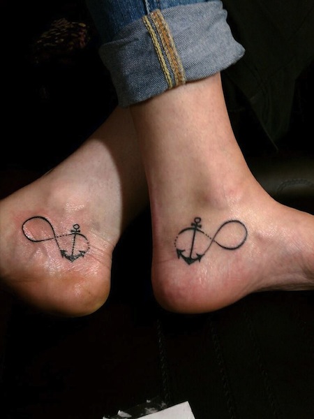 Black Infinity With Anchor Tattoo On Couple Ankle