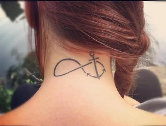 Black Infinity With Anchor Tattoo On Girl Back Neck