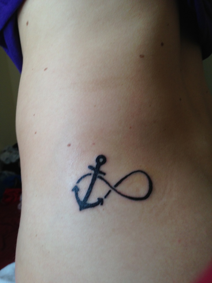 Black Infinity With Anchor Tattoo On Left Side Rib
