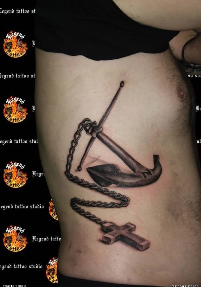 Black Ink 3D Anchor With Chain And Cross Tattoo On Right Side Rib