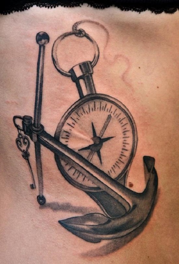 Black Ink 3D Anchor With Compass Tattoo Design