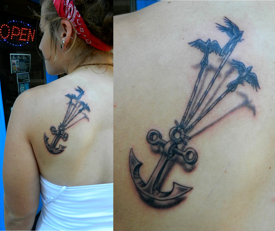 Black Ink 3D Anchor With Flying Birds Tattoo On Girl Left Back Shoulder By Alisha27