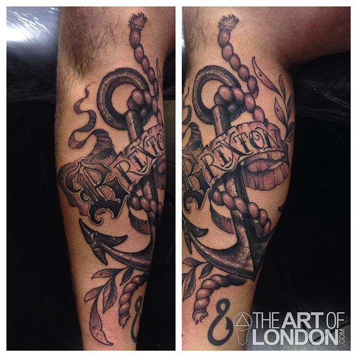 Black Ink 3D Anchor With Rope And Banner Tattoo On Leg Calf