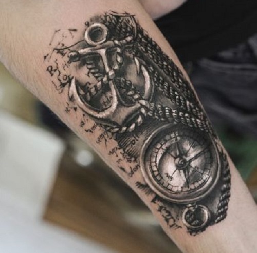 Black Ink 3D Anchor With Rope And Compass Tattoo Design For Sleeve