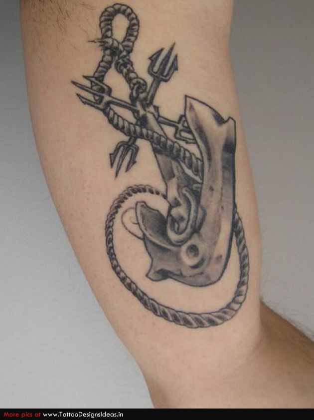 Black Ink 3D Anchor With Rope Tattoo Design For Sleeve