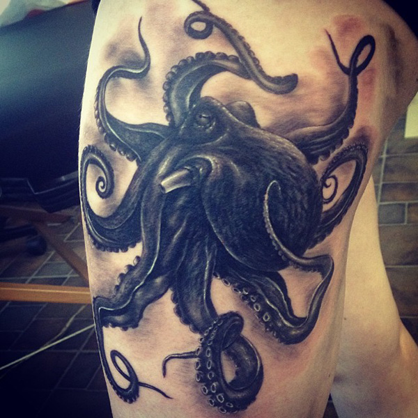 Black Ink 3D Octopus Tattoo On Left Upper Leg