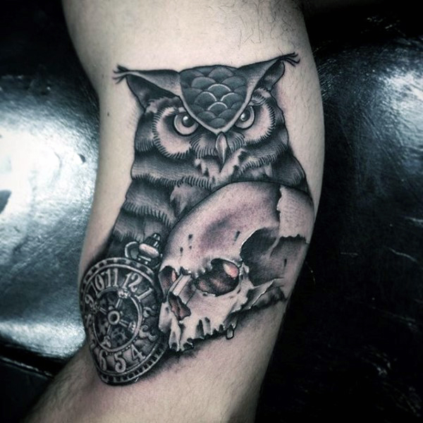 Black Ink 3D Owl With Clock And Skull Tattoo Design For Sleeve