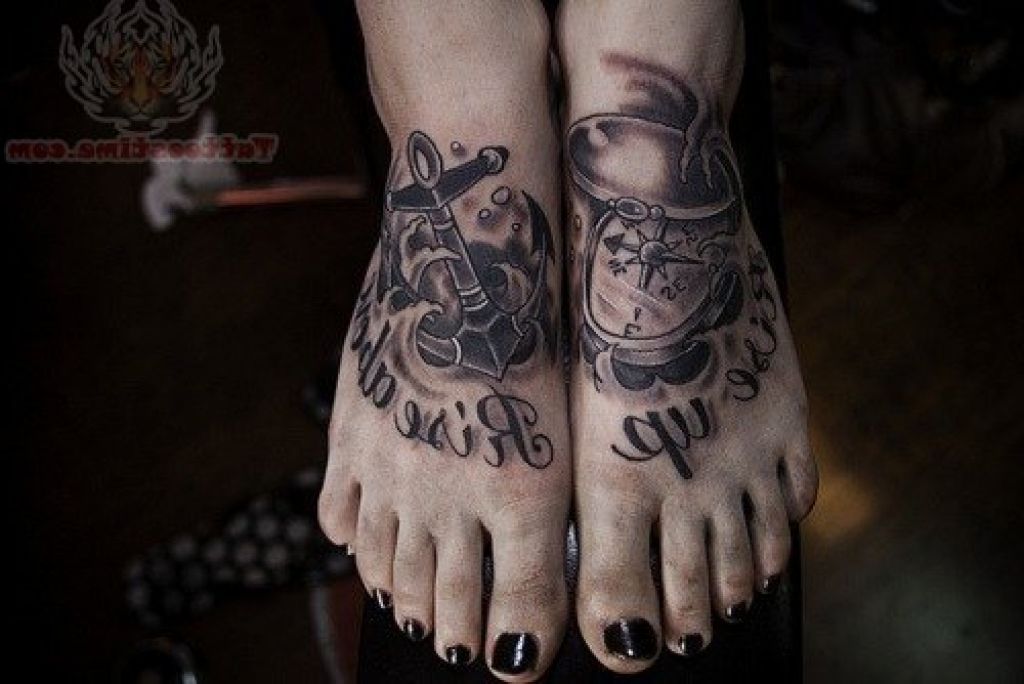 Black Ink Anchor And Compass Tattoo On Girl Feet