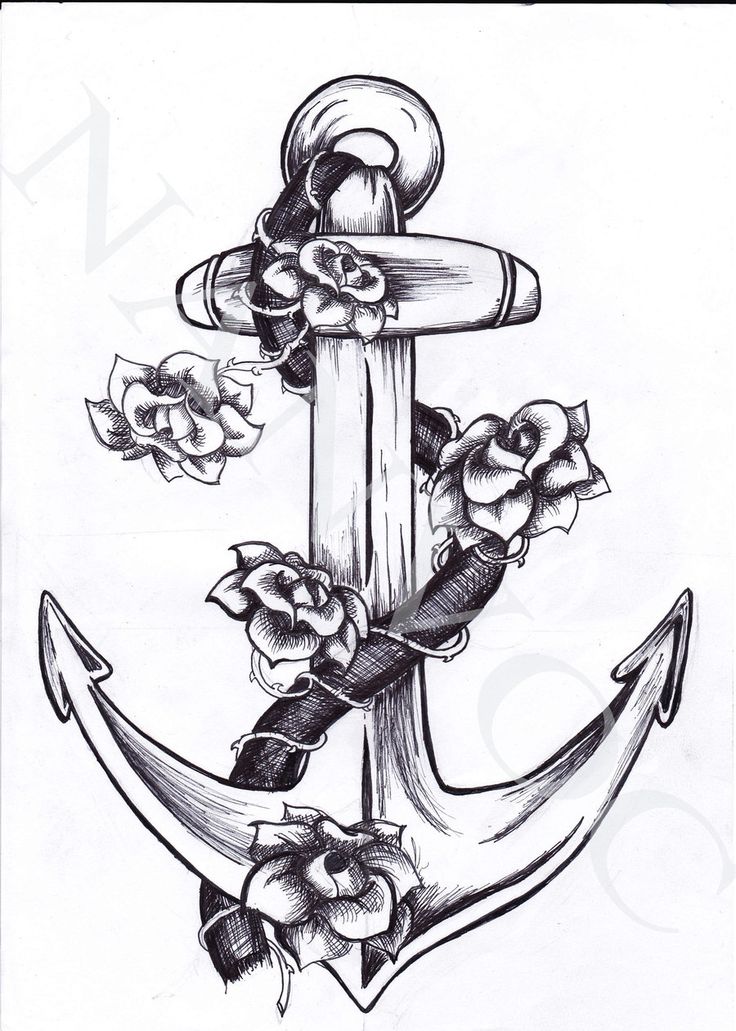 Black Ink Anchor And Flowers Tattoo Design