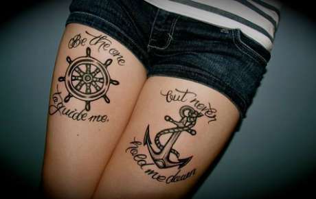 Black Ink Anchor And Ship Wheel Tattoo On Both Thigh