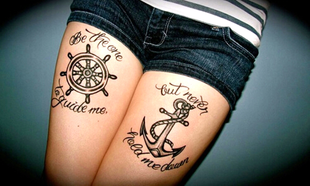 Black Ink Anchor And Ship Wheel Tattoo On Girl Both Thigh