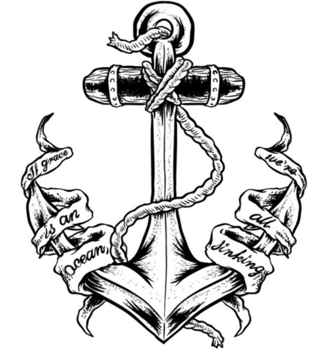 Black Ink Anchor Cross With Banner Tattoo Design