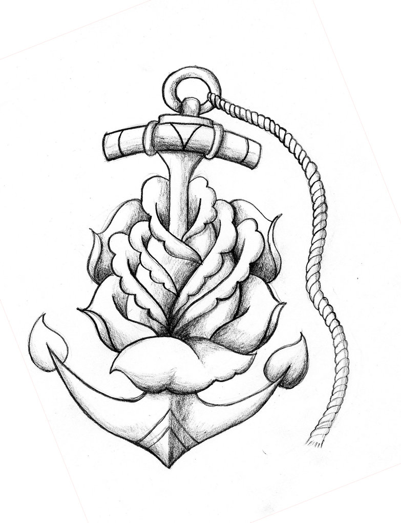 Black Ink Anchor In Rose Tattoo Design