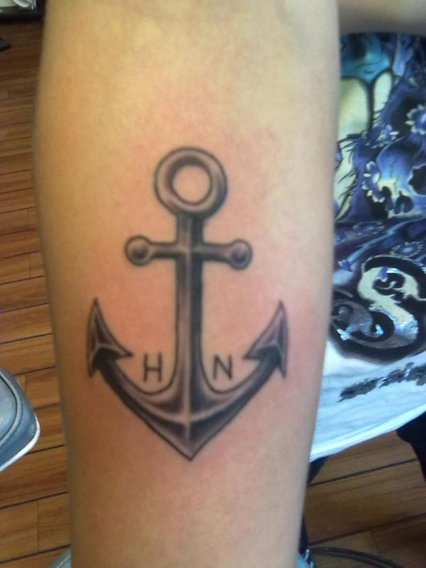 Black Ink Anchor Tattoo Design For Forearm