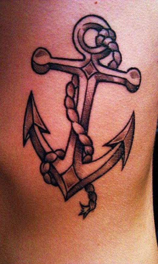 Black Ink Anchor Tattoo Design For Side Rib