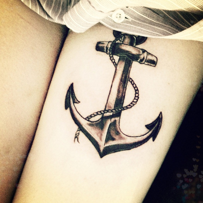 Black Ink Anchor Tattoo Design For Thigh