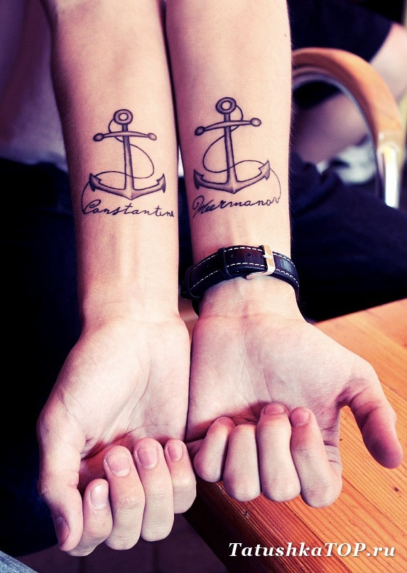 Black Ink Anchor Tattoo On Couple Forearm.