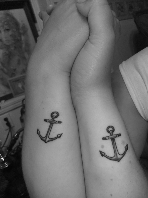 Black Ink Anchor Tattoo On Couple Side Wrist