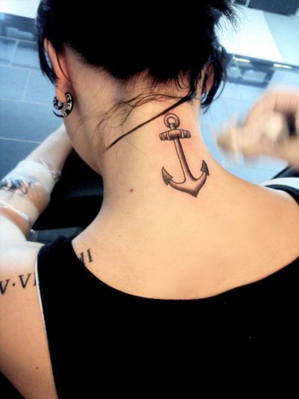 Black Ink Anchor Tattoo On Girl Back Neck