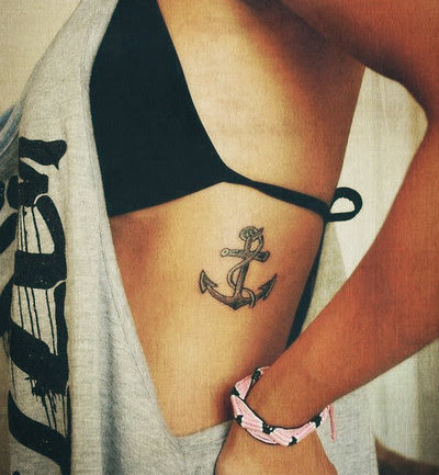 Black Ink Anchor Tattoo On Girl Left Side Rib