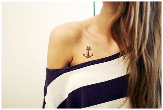 Black Ink Anchor Tattoo On Girl Right Front Shoulder
