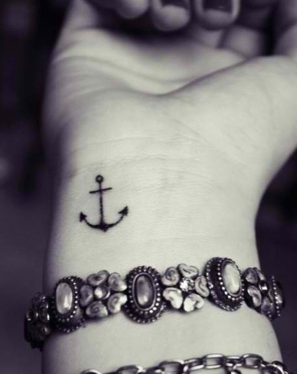Black Ink Anchor Tattoo On Girl Right Wrist