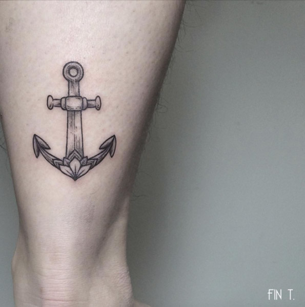 Black Ink Anchor Tattoo On Left Back Thigh
