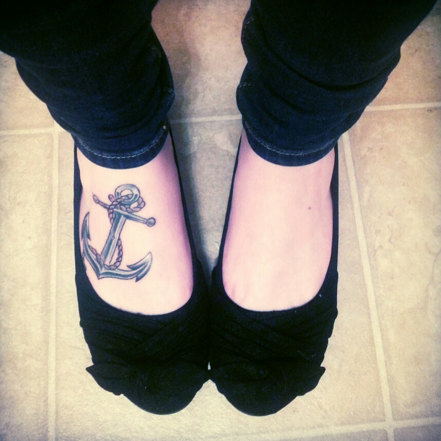 Black Ink Anchor Tattoo On Right Foot