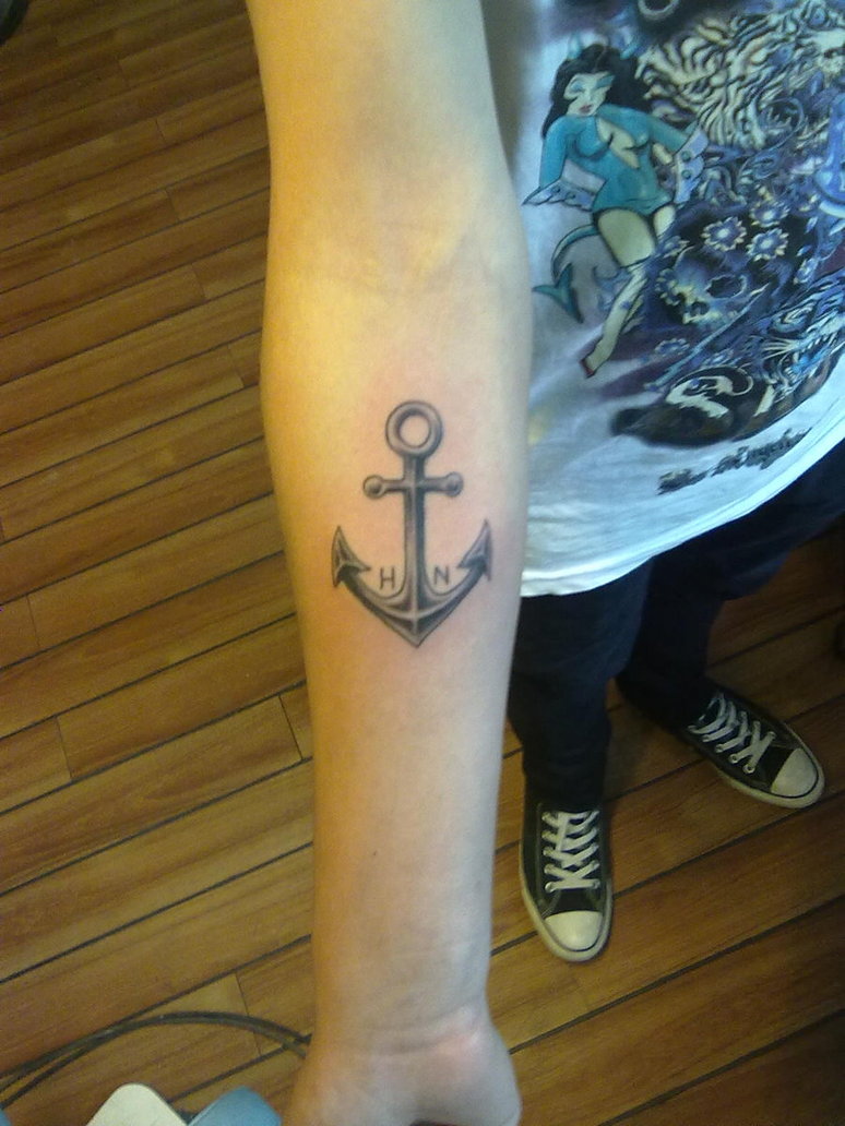 Black Ink Anchor Tattoo On Right Forearm