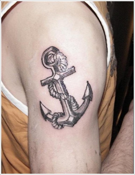 Black Ink Anchor Tattoo On Right Shoulder