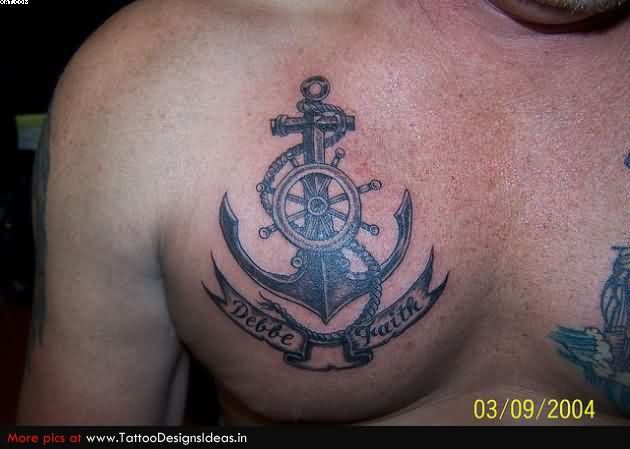 Black Ink Anchor With Banner And Ship Wheel Tattoo On Right Chest