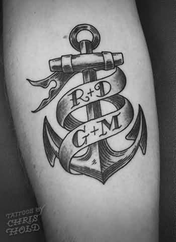 Black Ink Anchor With Banner Tattoo Design For Forearm