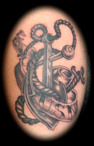 Black Ink Anchor With Banner Tattoo Design For Sleeve
