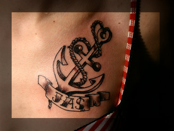 Black Ink Anchor With Banner Tattoo On Left Front Shoulder