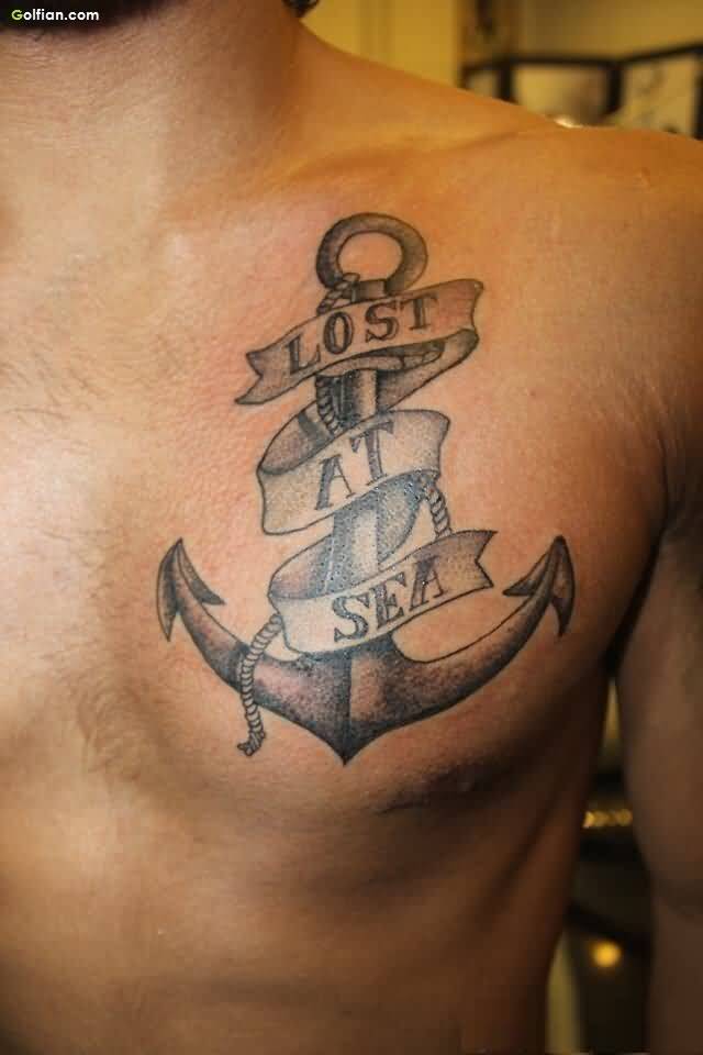 Black Ink Anchor With Banner Tattoo On Man Left Chest