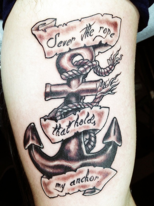 Black Ink Anchor With Banner Tattoo On Man Right Half Sleeve