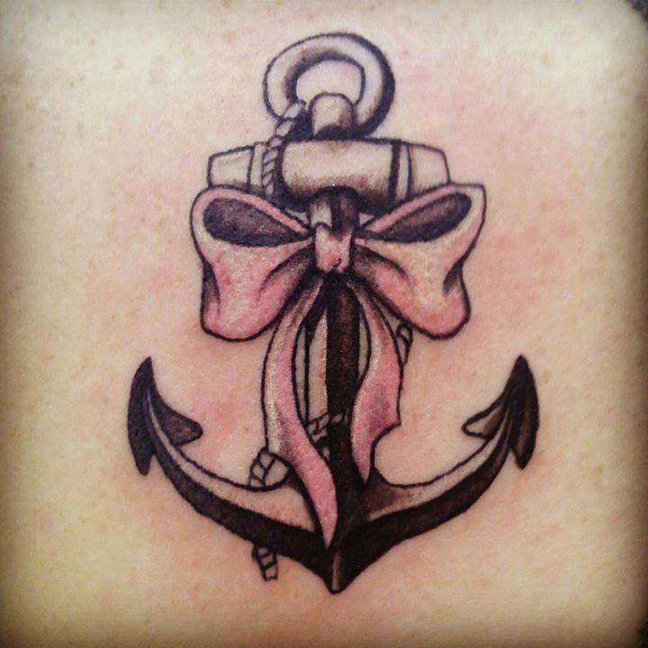 Black Ink Anchor With Bow Tattoo Design By Brianne Speakman