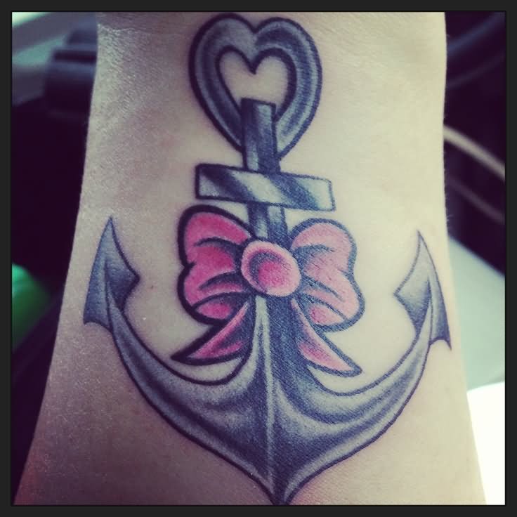 Black Ink Anchor With Bow Tattoo Design For Foot