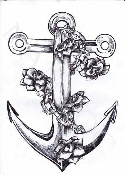 Black Ink Anchor With Chain And Flowers Tattoo Design