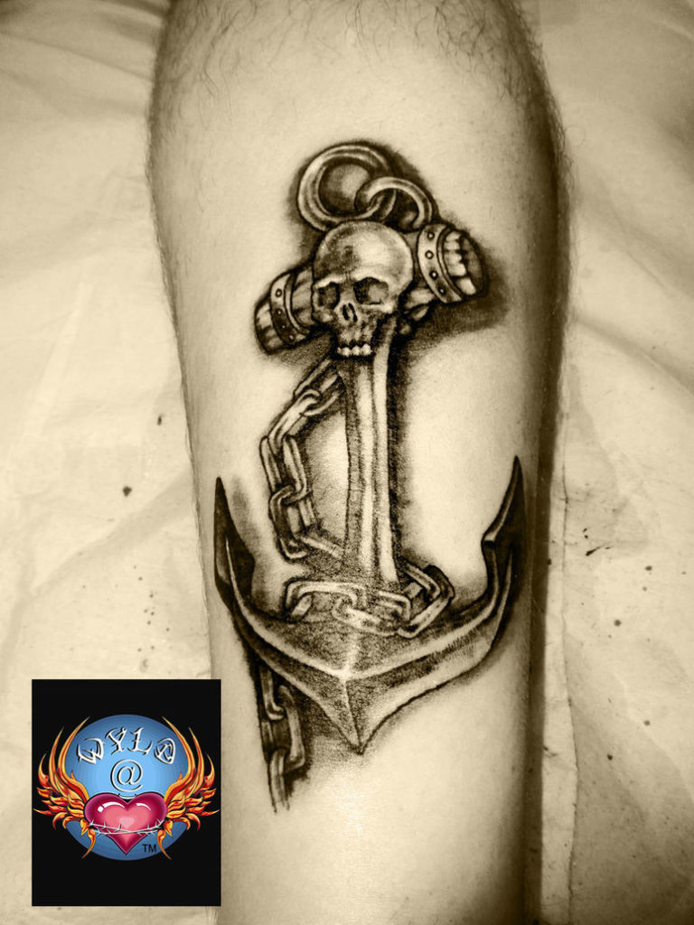 Black Ink Anchor With Chain And Skull Tattoo Design For Sleeve