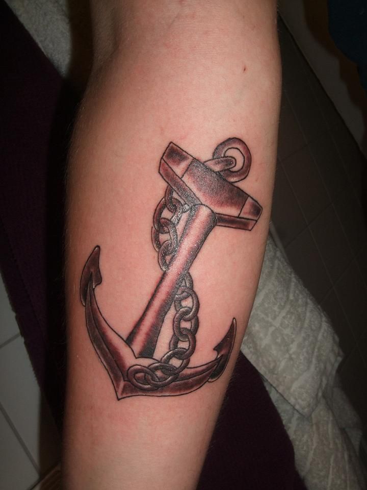 Black Ink Anchor With Chain Tattoo Design For Forearm