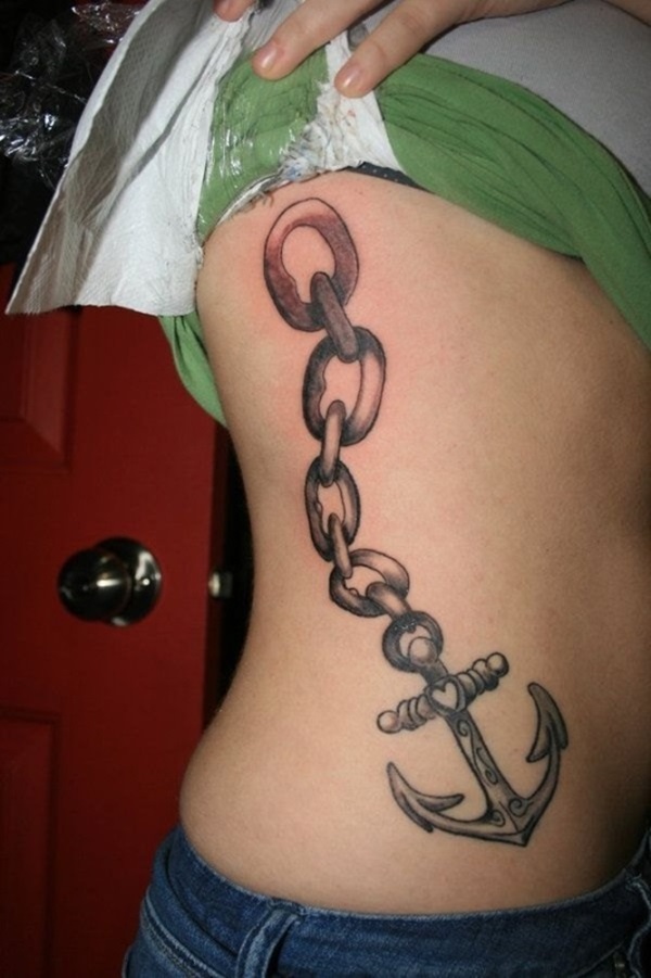 Black Ink Anchor With-Chain Tattoo On Girl Right Side Rib