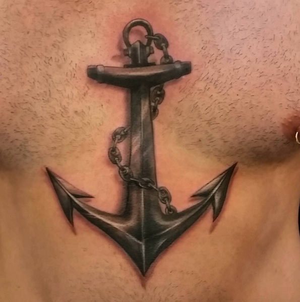 Black Ink Anchor With Chain Tattoo On Man Chest