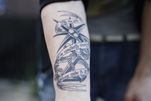 Black Ink Anchor With Compass And Banner Tattoo On Right Forearm
