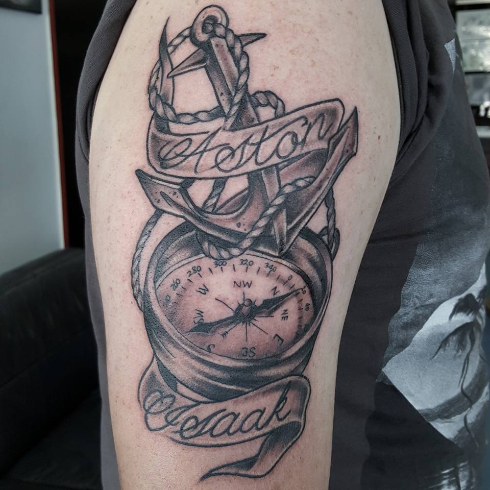 Black Ink Anchor With Compass And Banner Tattoo On Right Half Sleeve By Jamie
