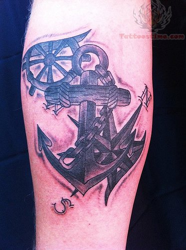 Black Ink Anchor With Compass And Ship Wheel Tattoo Design For Forearm