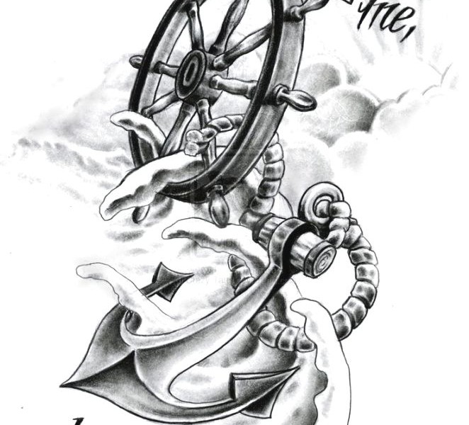 Black Ink Anchor With Compass And Ship Wheel Tattoo Design