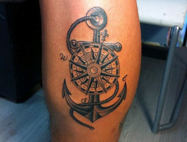 Black Ink Anchor With Compass Tattoo Design For Leg Calf