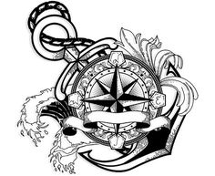Black Ink Anchor With Compass Tattoo Design